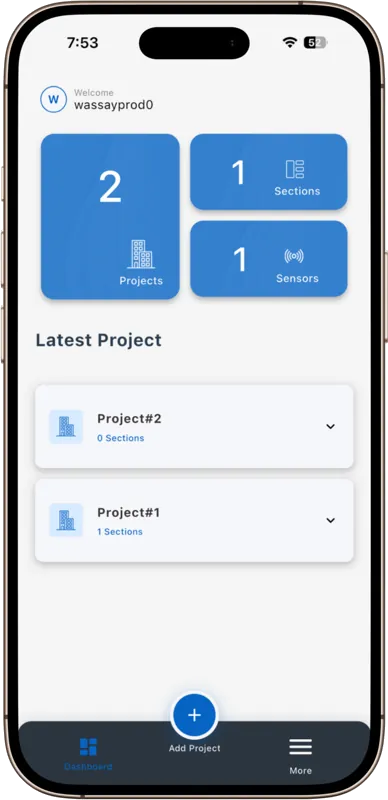 Proxigen app dashboard showing projects, sections and sensors