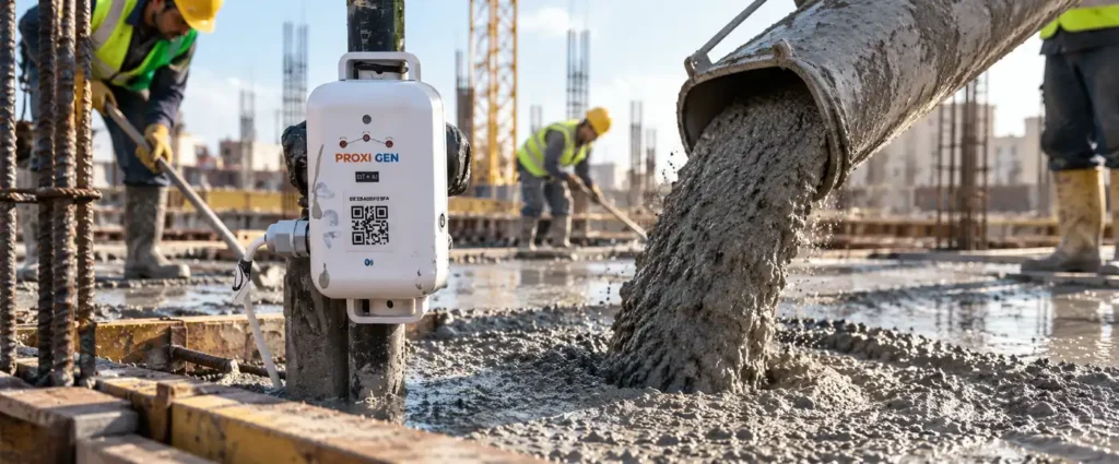 Proxigen CTM01 concrete sensor installed on rebar during a concrete pour