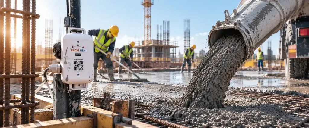 Proxigen CTM02 two-probe concrete sensor on site during a concrete pour