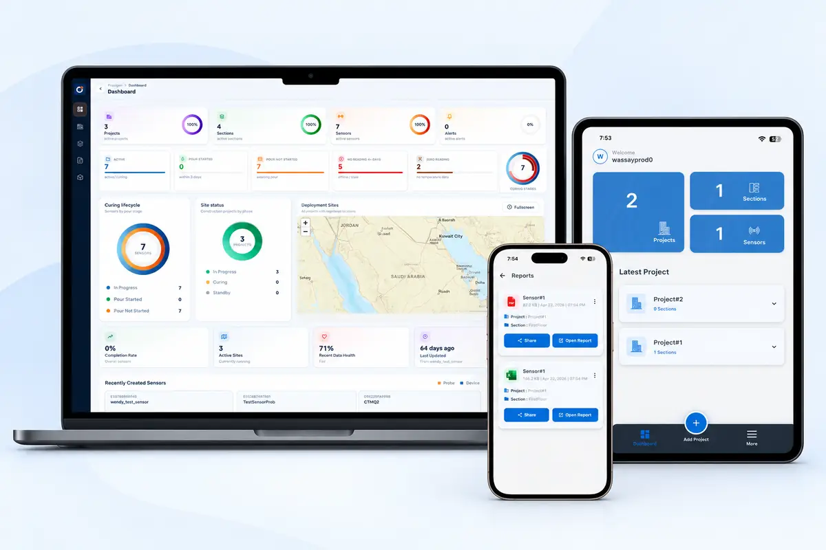 Proxigen Cloud dashboard on a laptop with the Proxigen app on a tablet and phone
